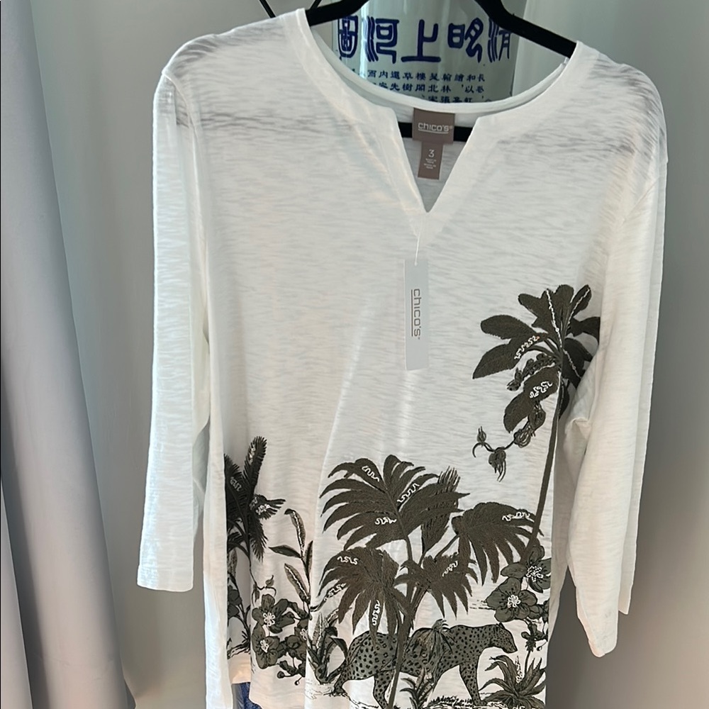 Chico's Cream Tunic with Mandarin Collar and 3/4 Sleeves